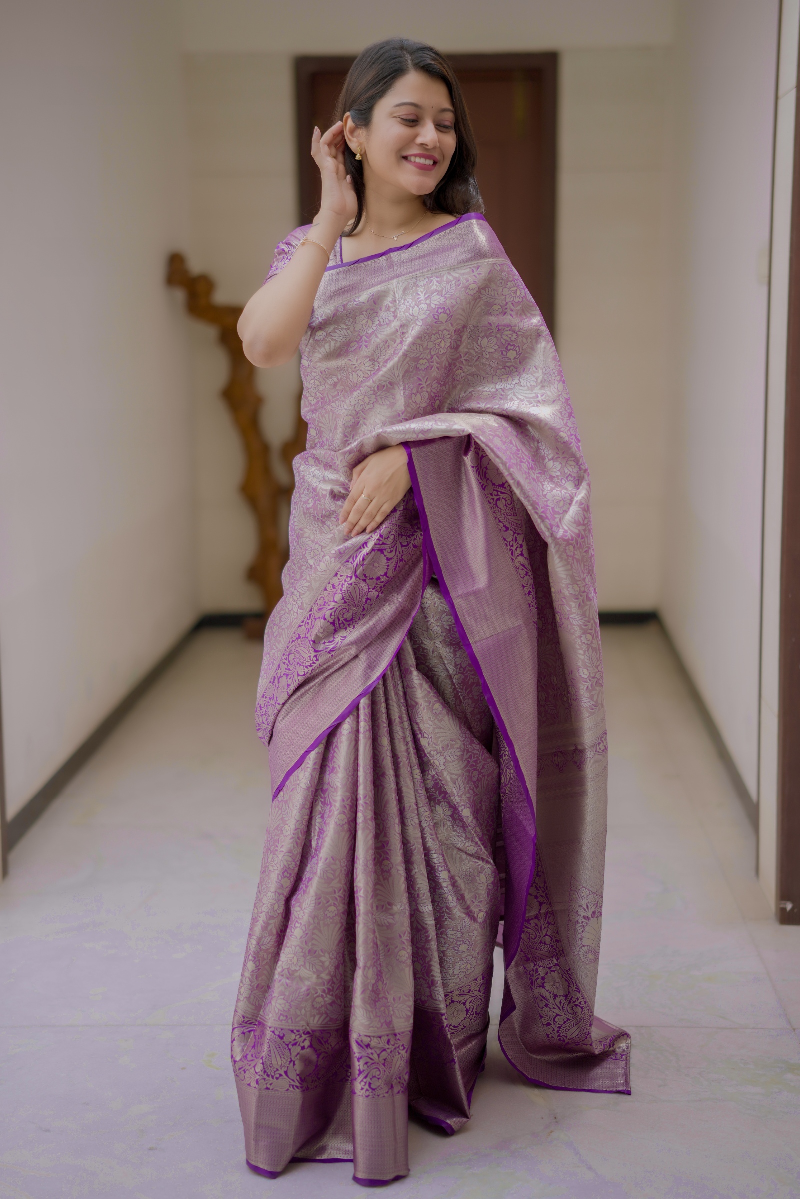 Purple Floral Zari Kanchipuram Silk Saree — alternate view