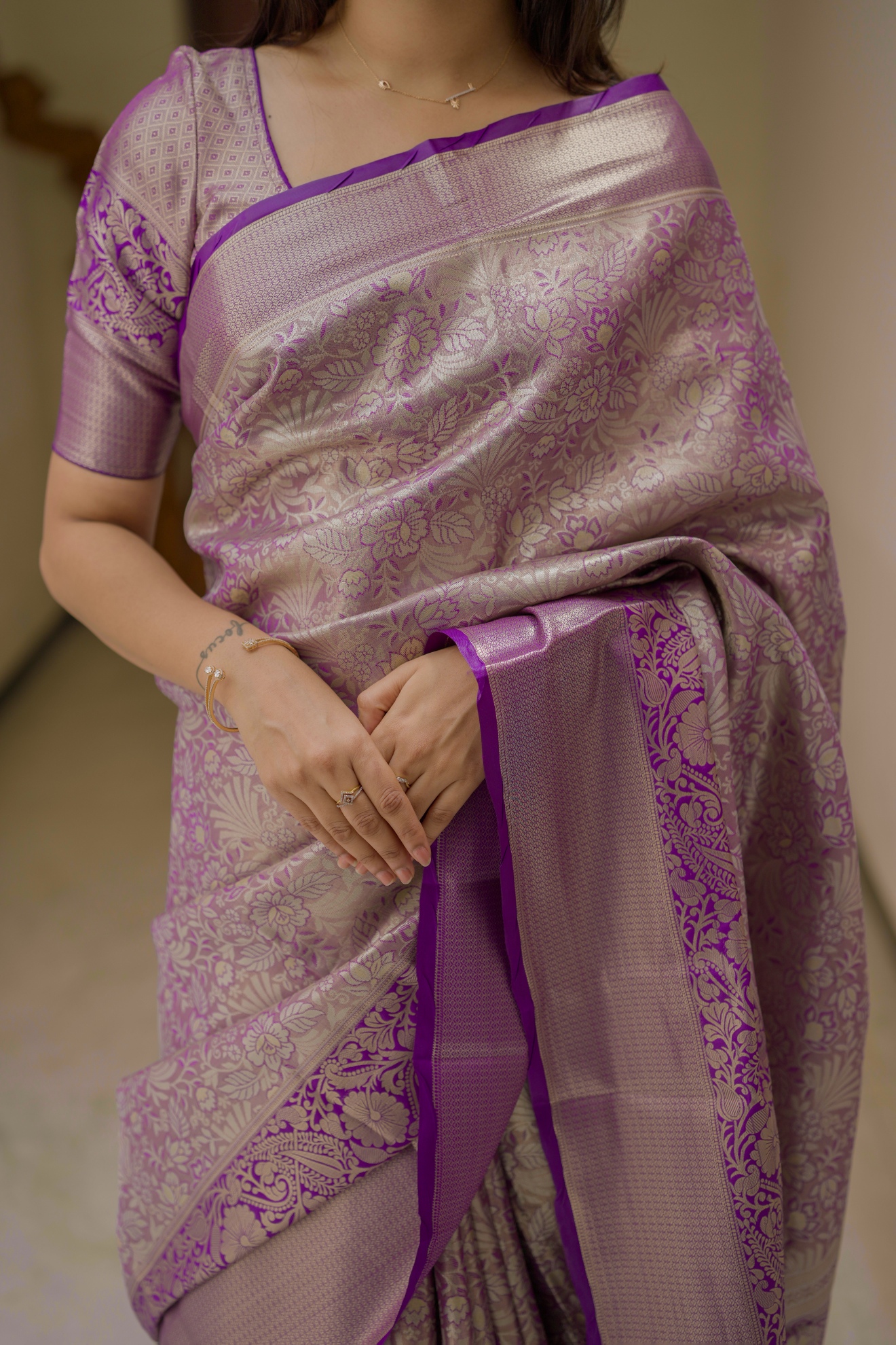 Purple Floral Zari Kanchipuram Silk Saree