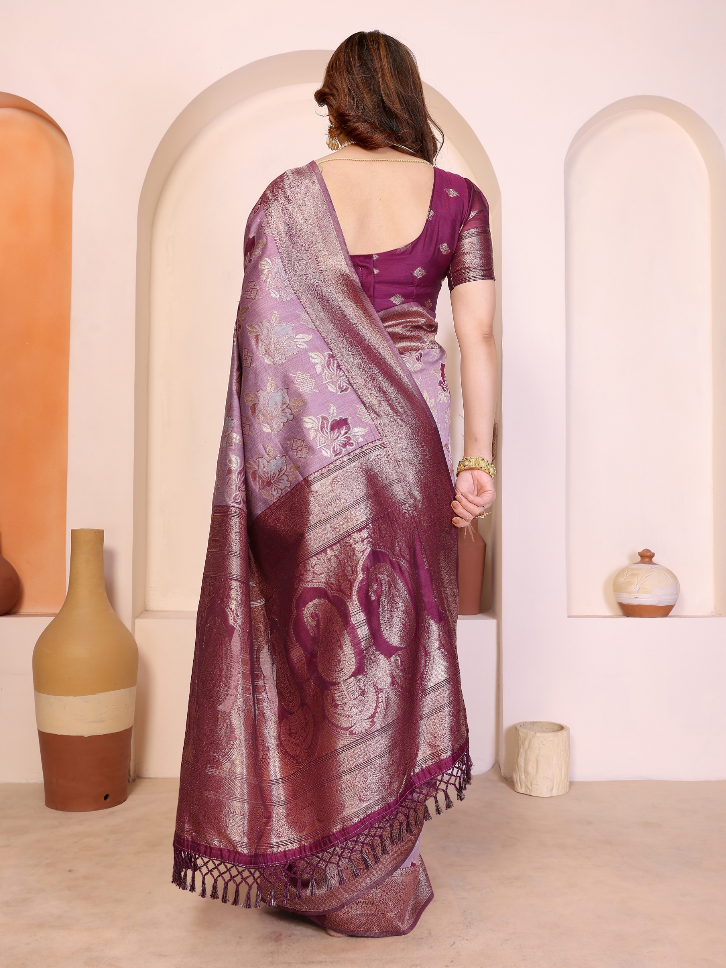 Purple Floral Zari Pure Cotton Saree — alternate view