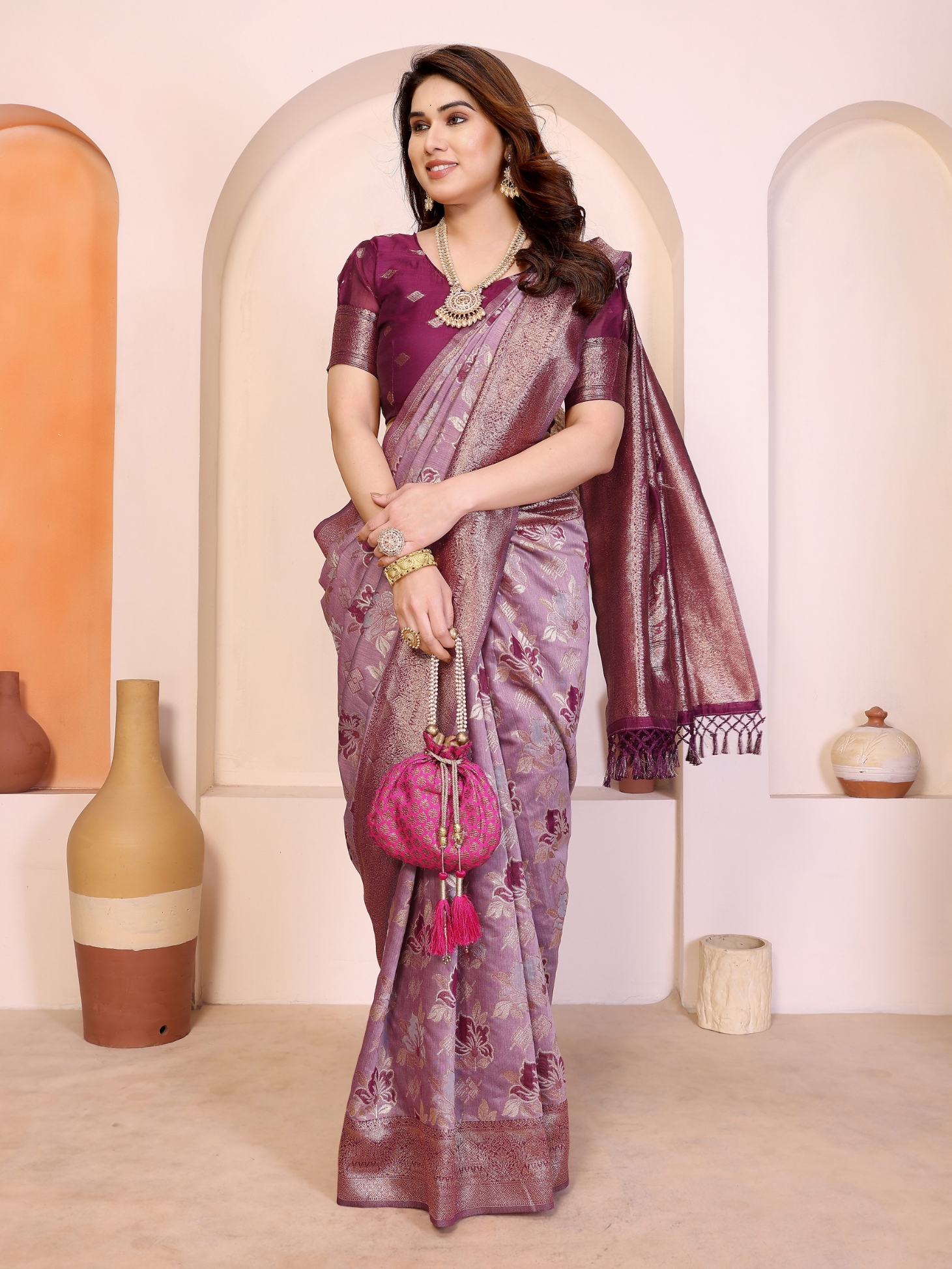 Purple Floral Zari Pure Cotton Saree