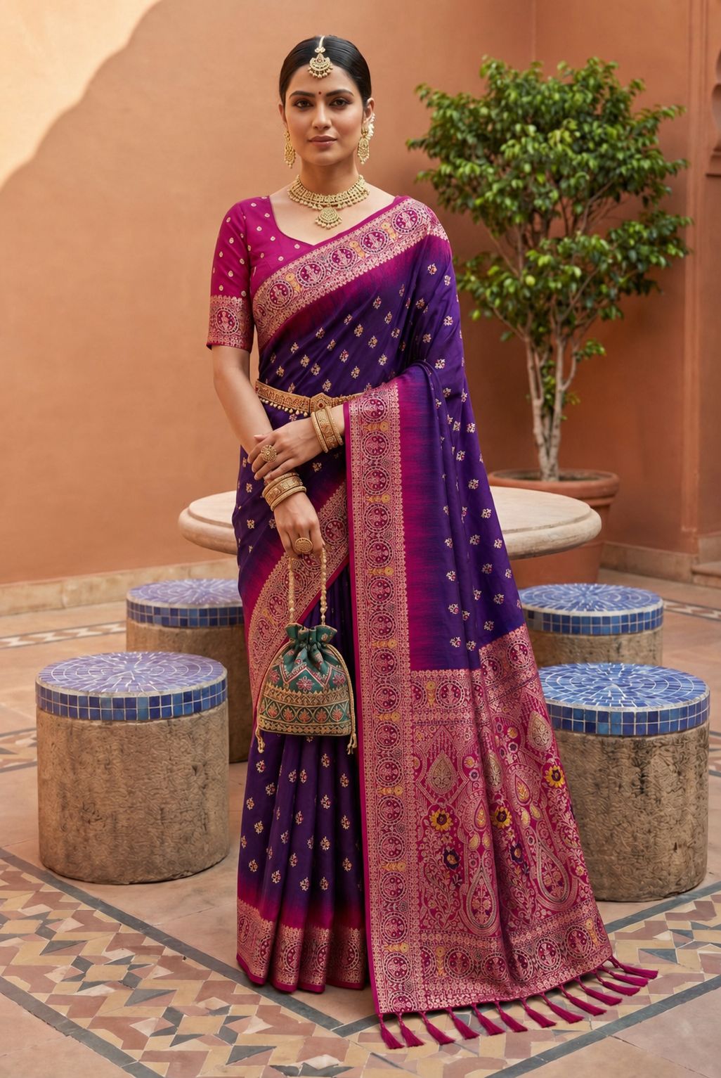 Purple Floral Zari Soft Silk Saree
