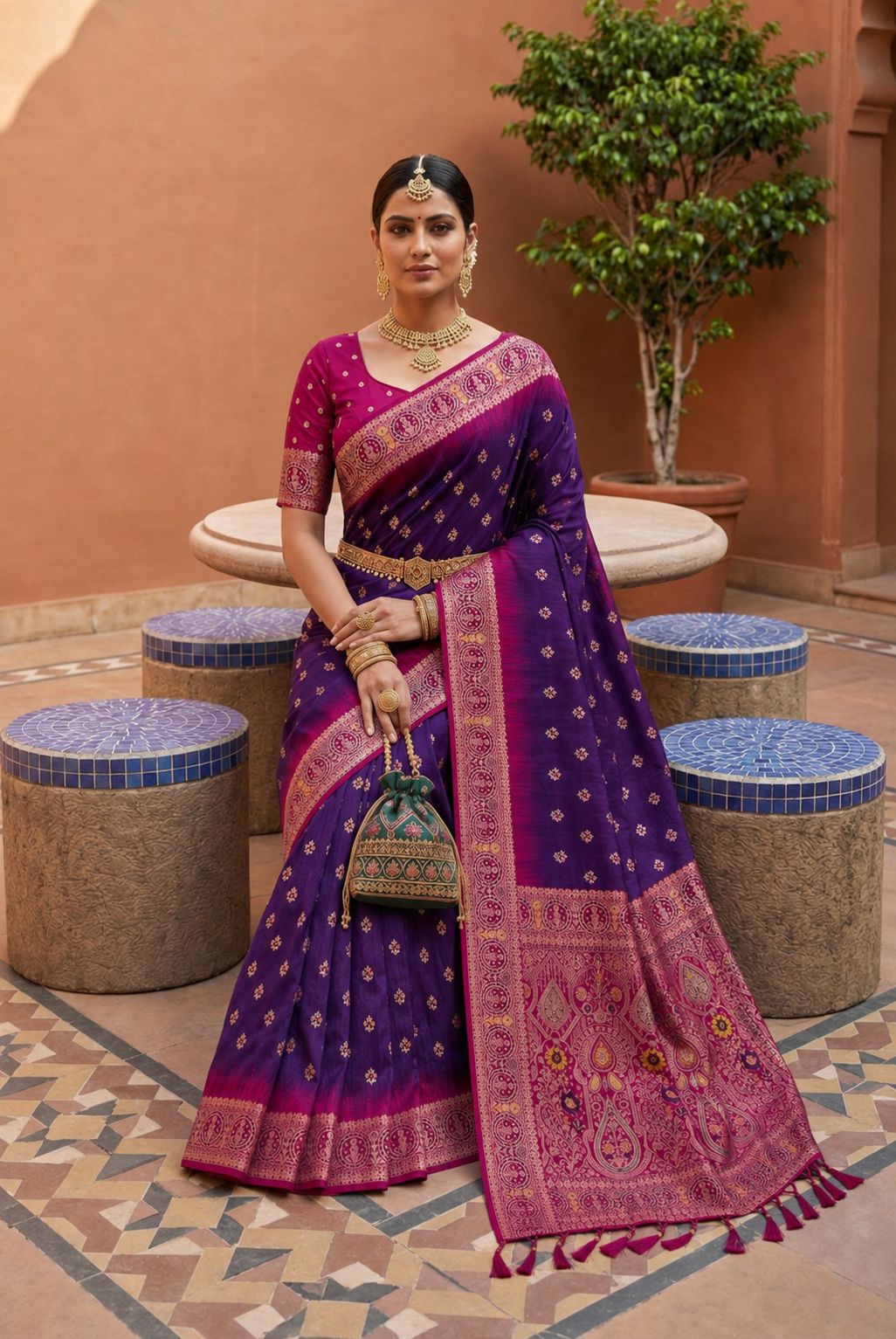 Purple Floral Zari Soft Silk Saree
