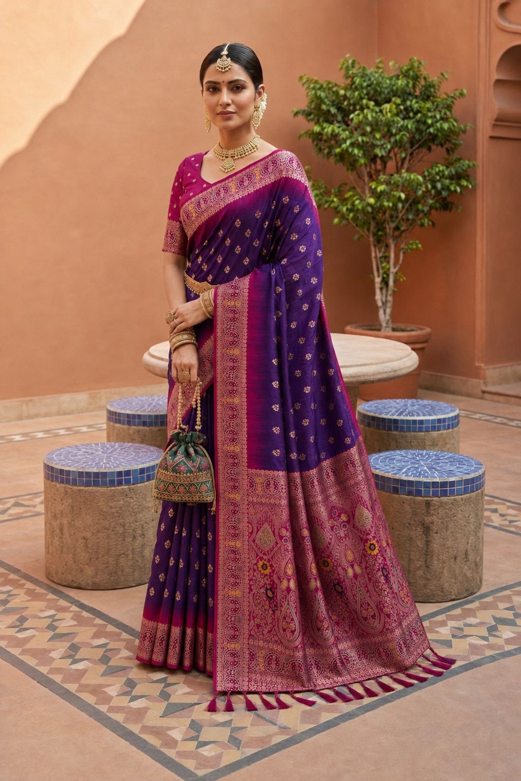 Purple Floral Zari Soft Silk Saree
