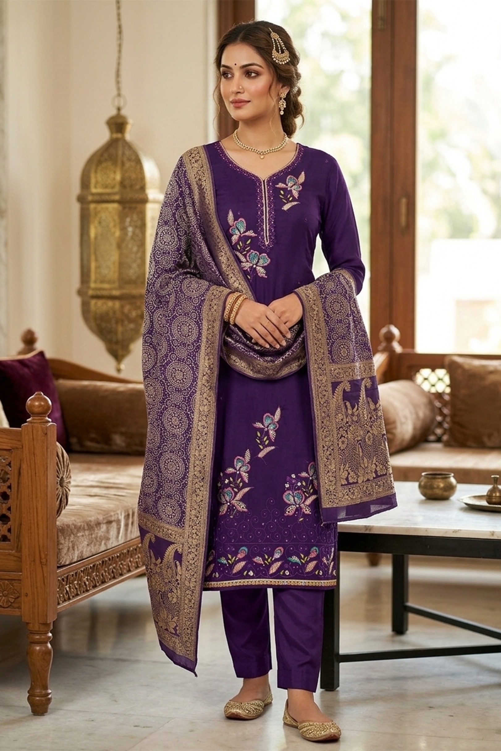 Purple Flowing Georgette Ethnic Motif Salwar Suit