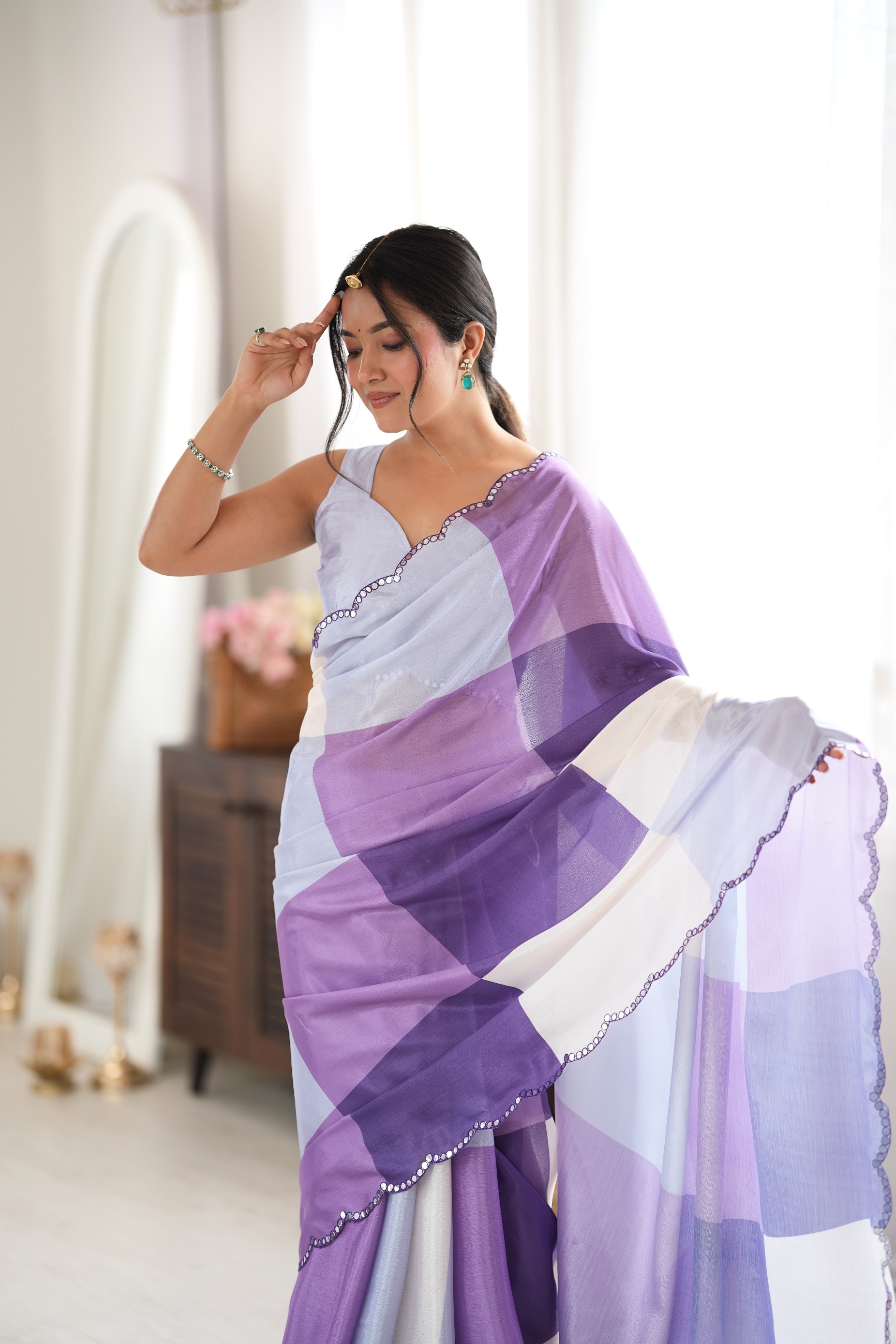 Purple Geometric Colour Block Print Mirror Work Chinon Saree