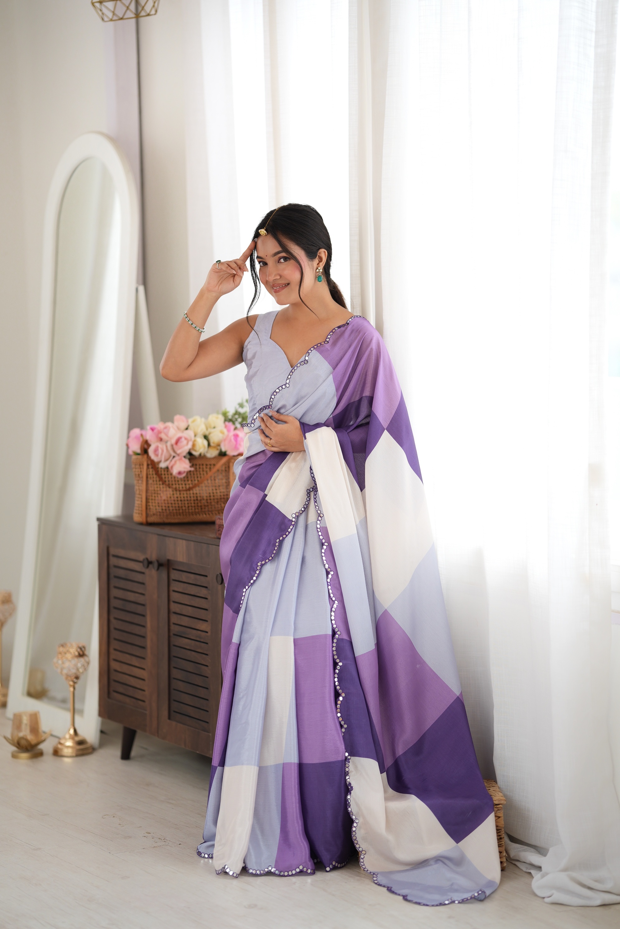 Purple Geometric Colour Block Print Mirror Work Chinon Saree
