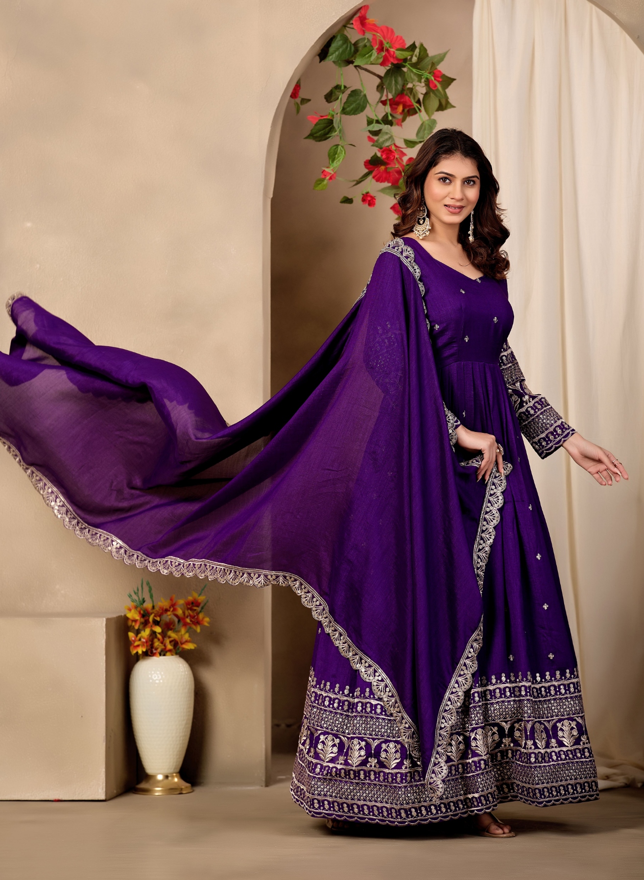 Purple Geometric Designer Embroidery Chinon Gown