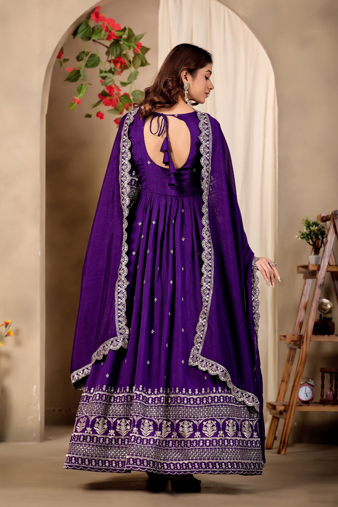 Purple Geometric Designer Embroidery Chinon Gown — alternate view
