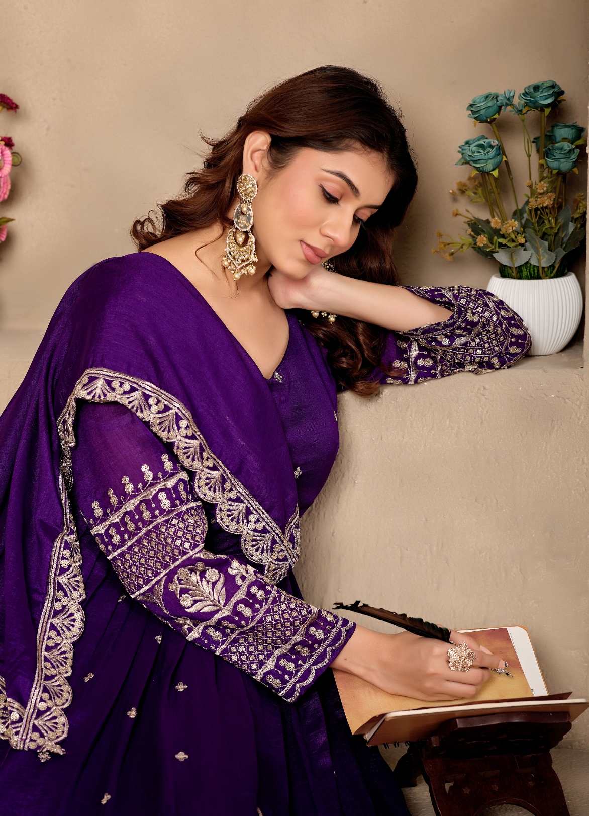 Purple Geometric Designer Embroidery Chinon Gown