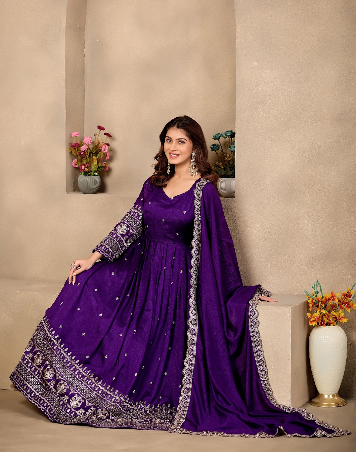Purple Geometric Designer Embroidery Chinon Gown