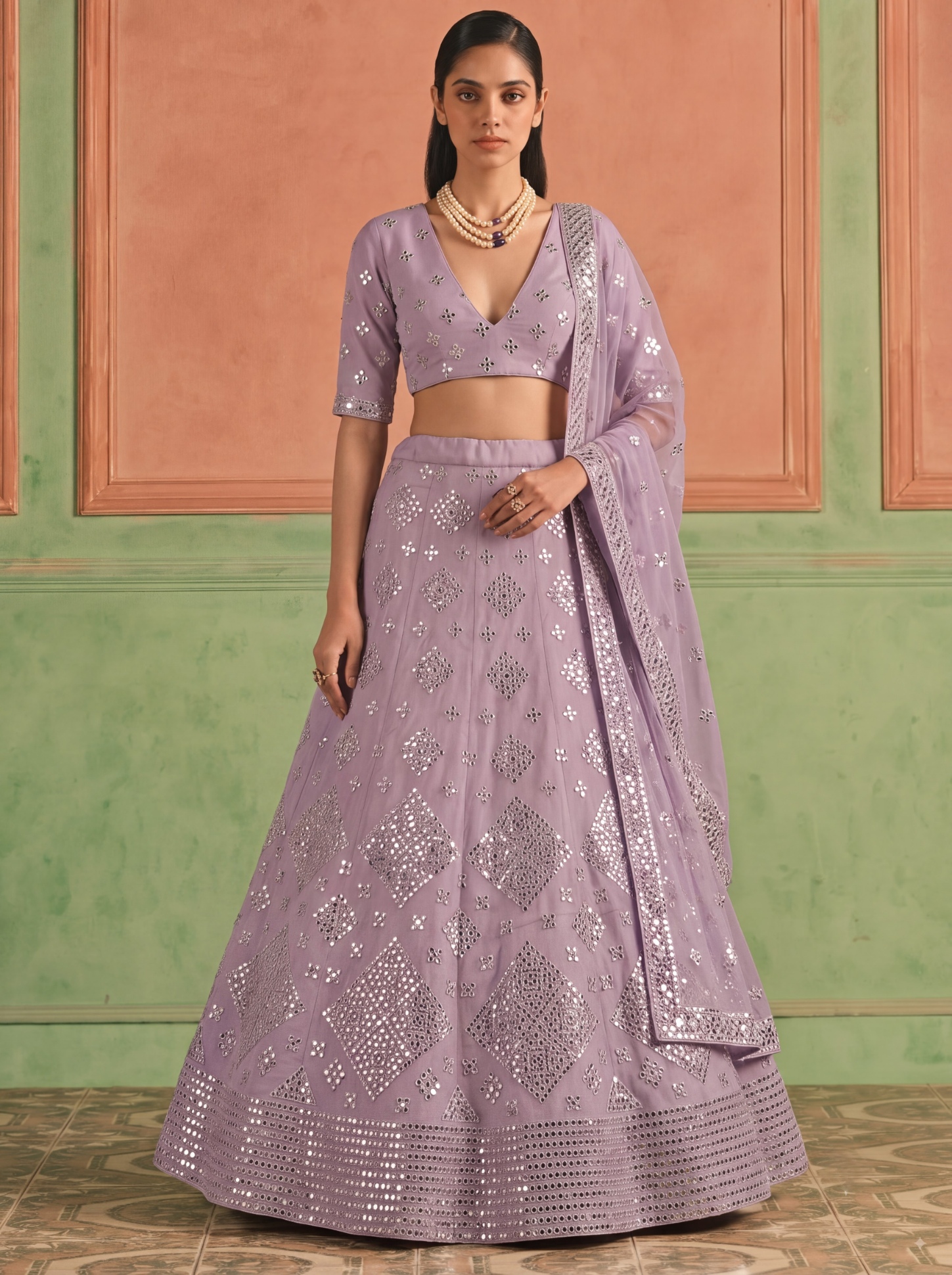 Purple Geometric Embroidered Organza Lehenga Choli