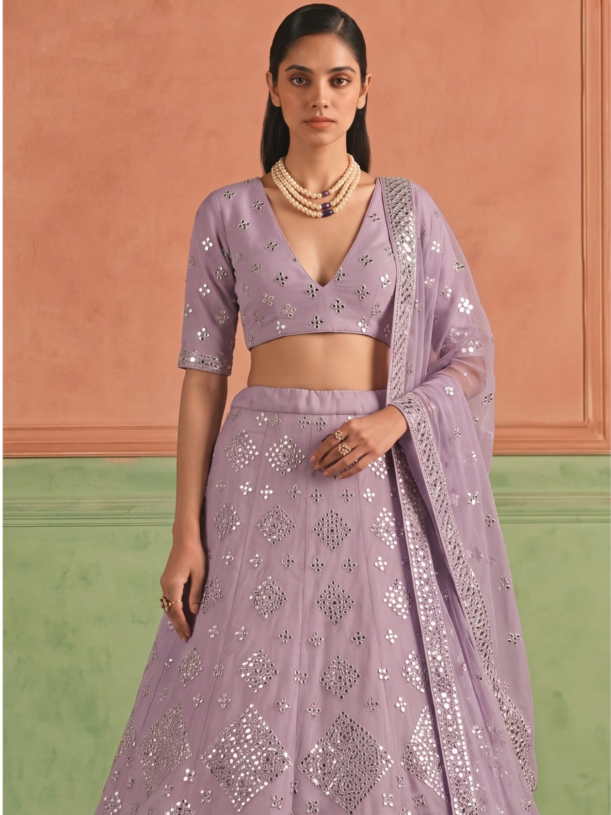 Purple Geometric Embroidered Organza Lehenga Choli — alternate view