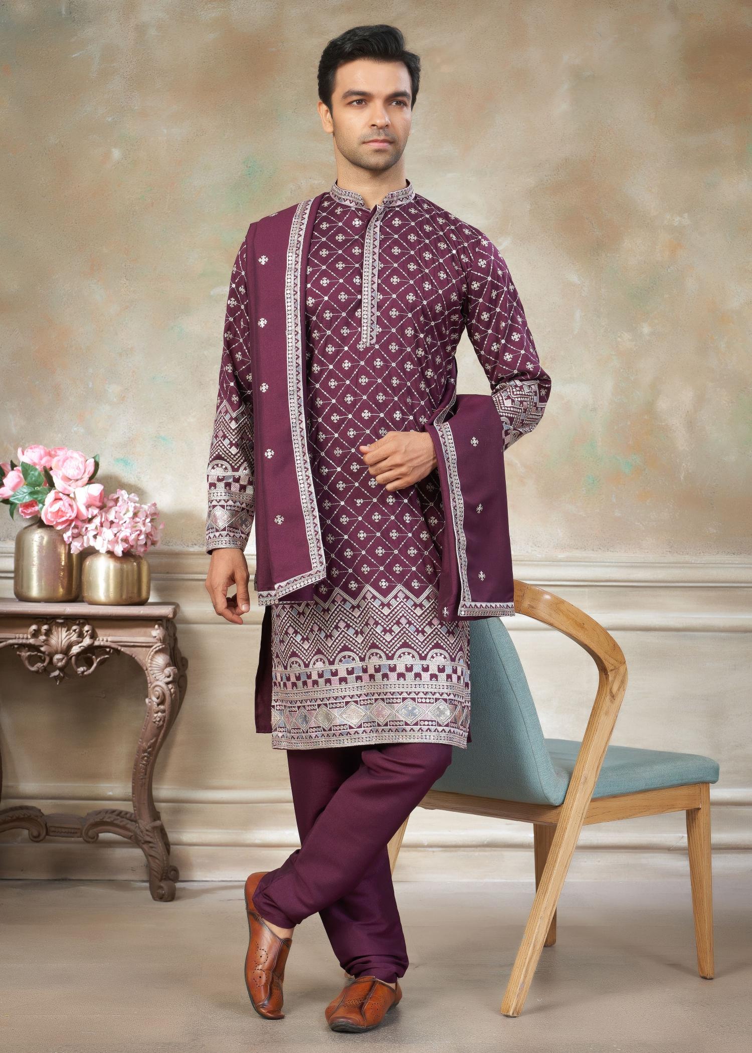 Purple Geometric Embroidered Silk Kurta Pyjama