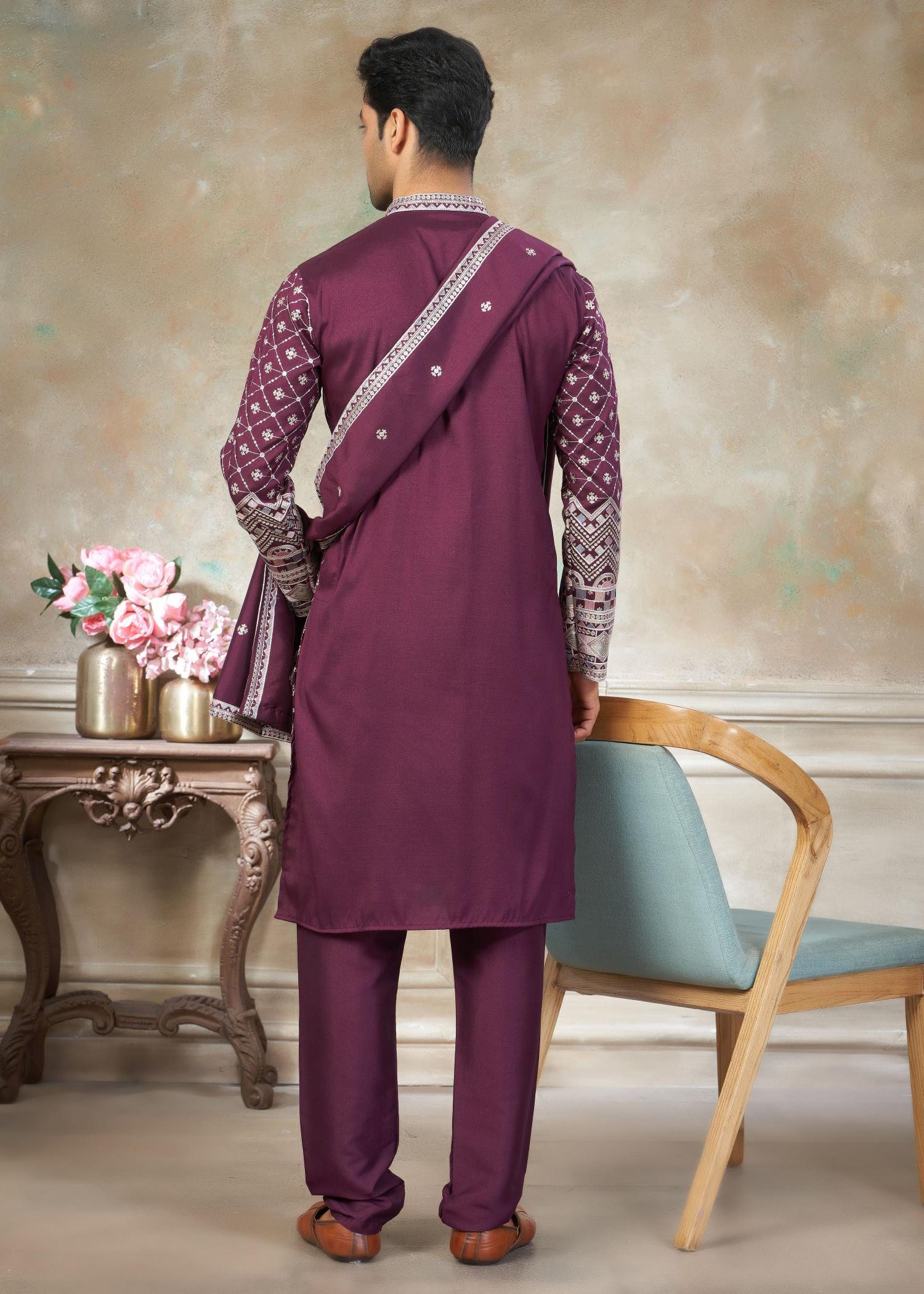 Purple Geometric Embroidered Silk Kurta Pyjama — alternate view
