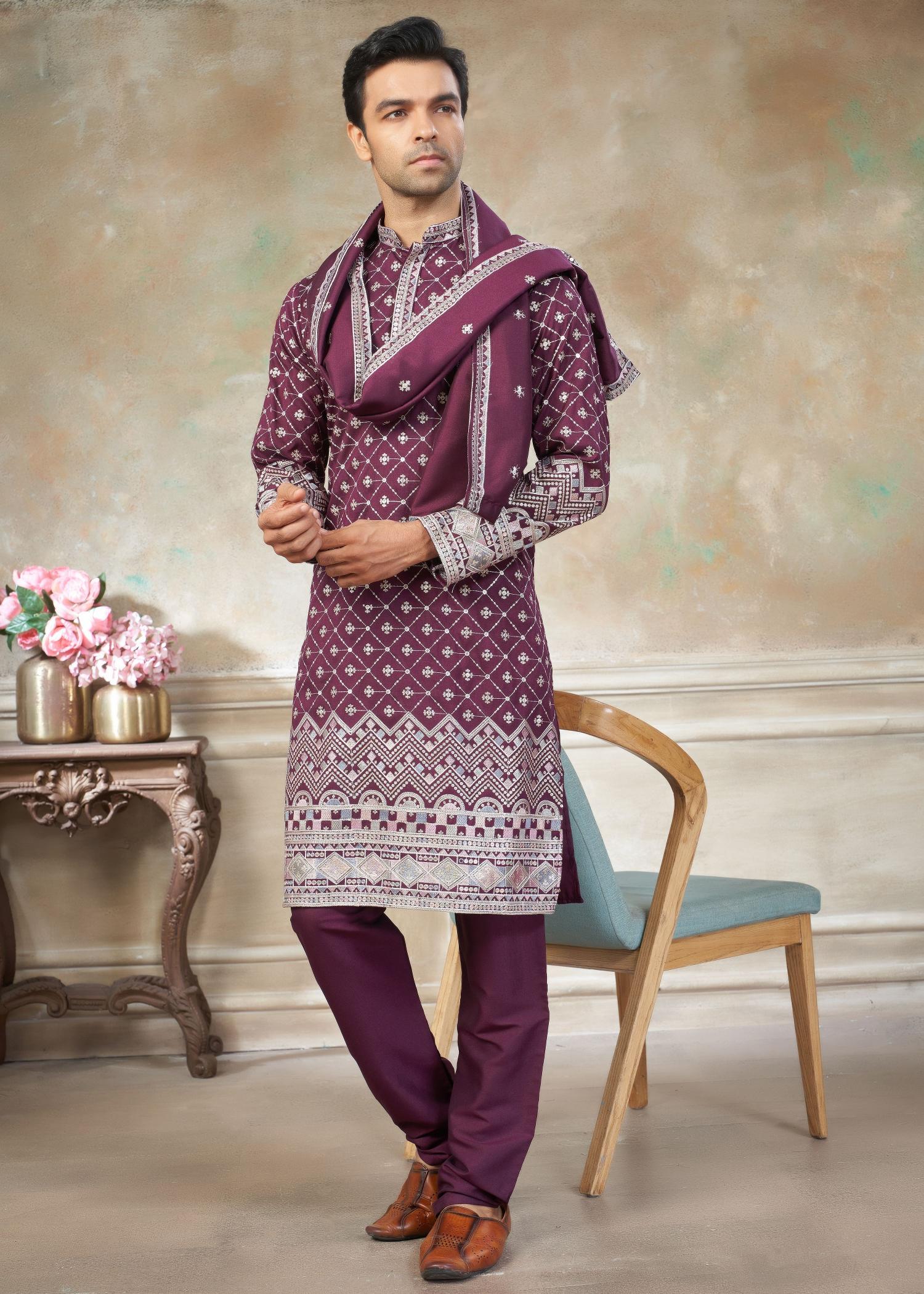 Purple Geometric Embroidered Silk Kurta Pyjama
