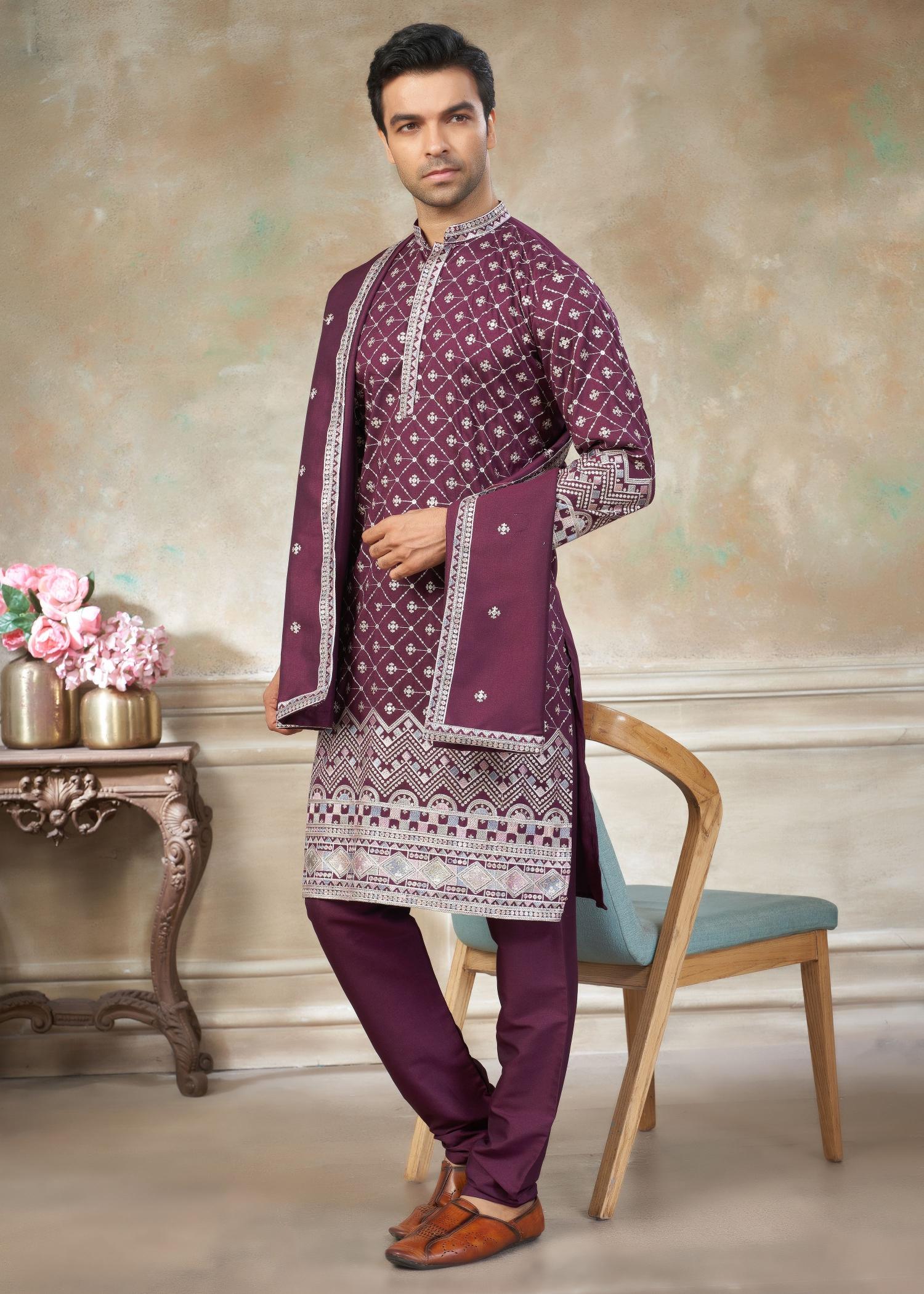 Purple Geometric Embroidered Silk Kurta Pyjama