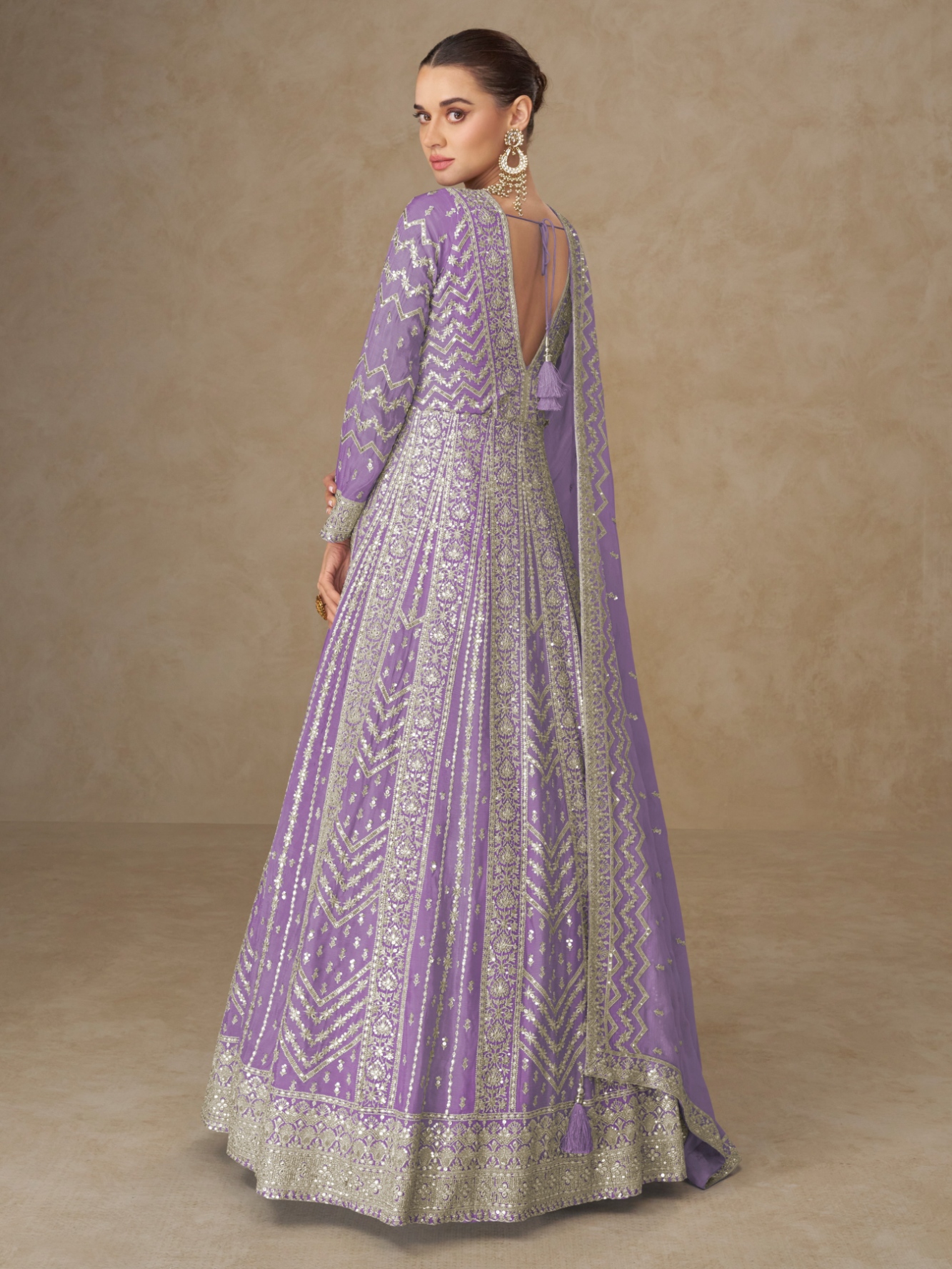 Purple Geometric Embroidery Chinon Gown — alternate view