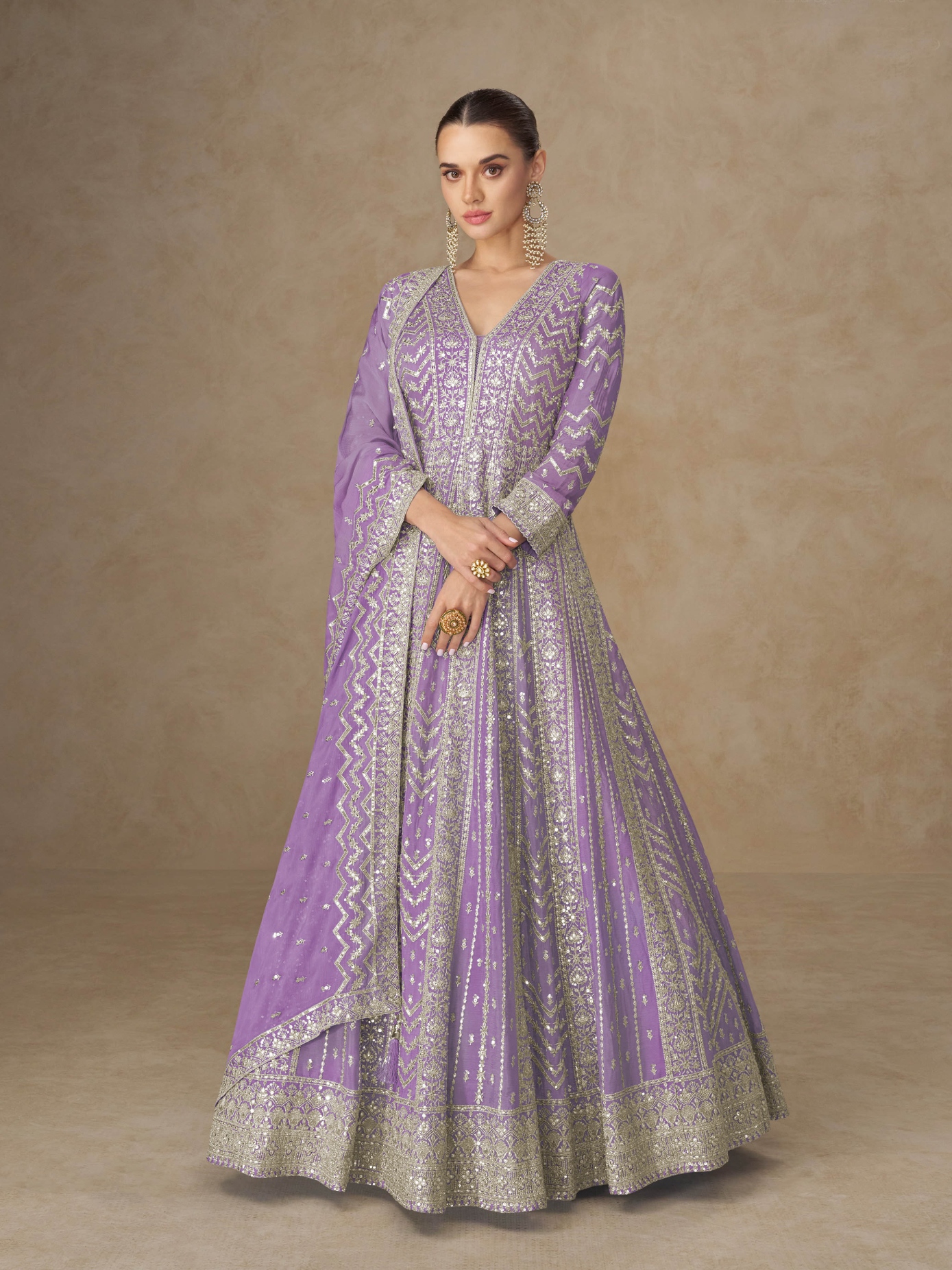 Purple Geometric Embroidery Chinon Gown