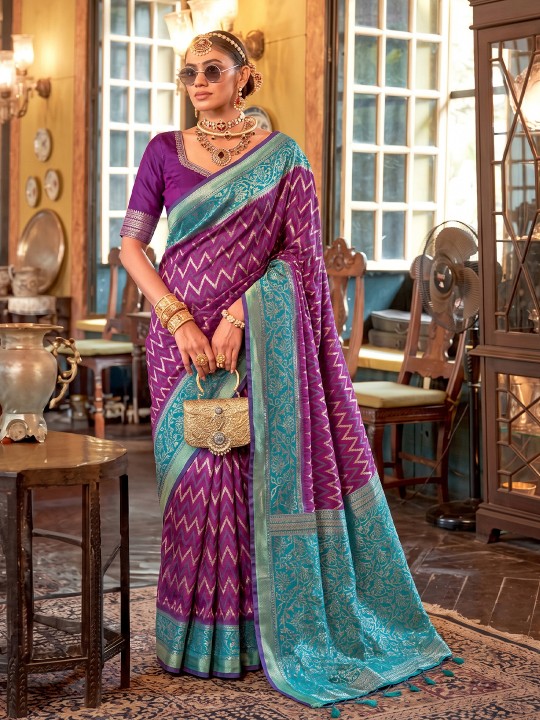 Purple Geometric Floral Woven Designer Silk Saree