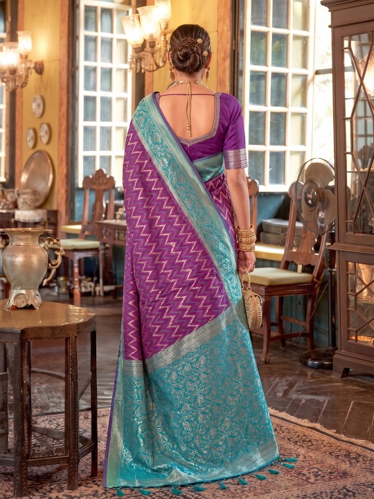 Purple Geometric Floral Woven Designer Silk Saree — alternate view
