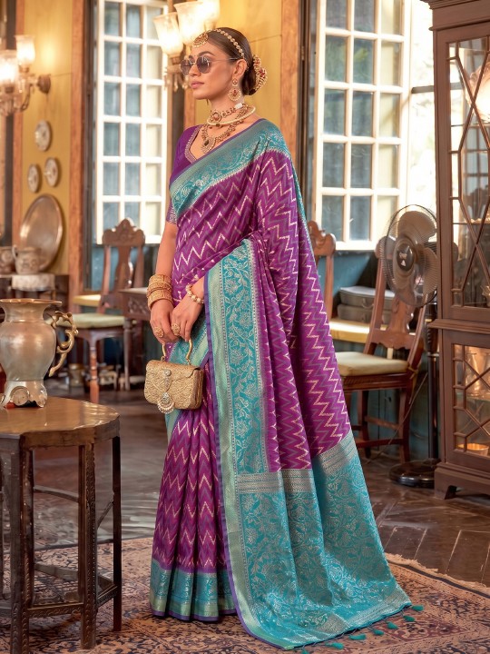 Purple Geometric Floral Woven Designer Silk Saree