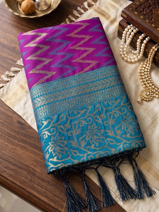 Purple Geometric Floral Woven Designer Silk Saree