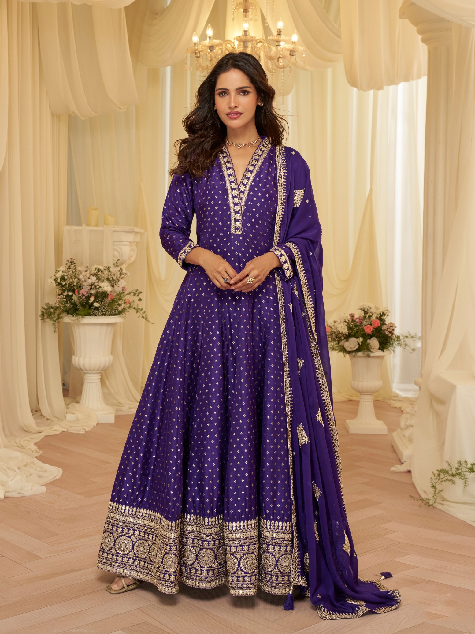 Purple Geometric Heavy Designer Embroidery Viscose Jacquard Gown