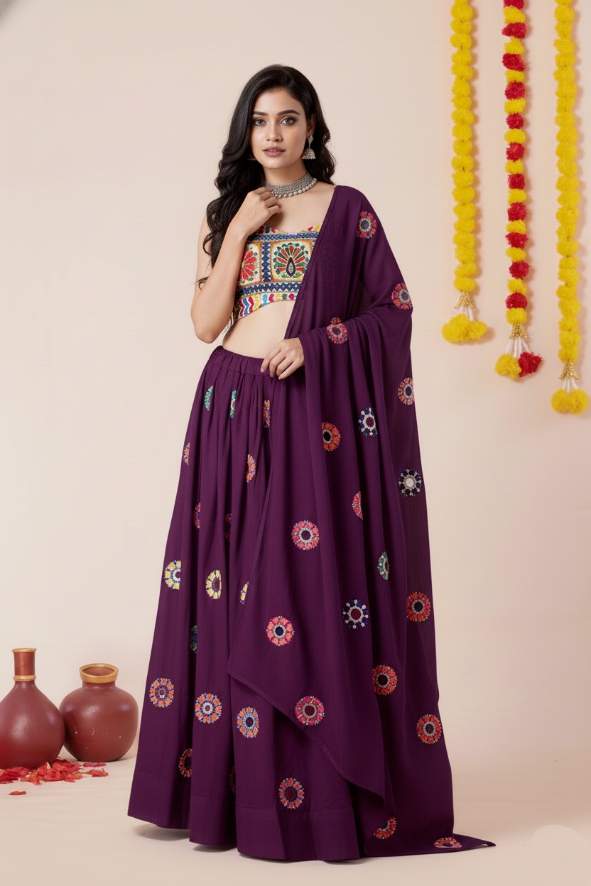 Purple Geometric Mirror Embroidery Rayon Umbrella Lehenga Choli
