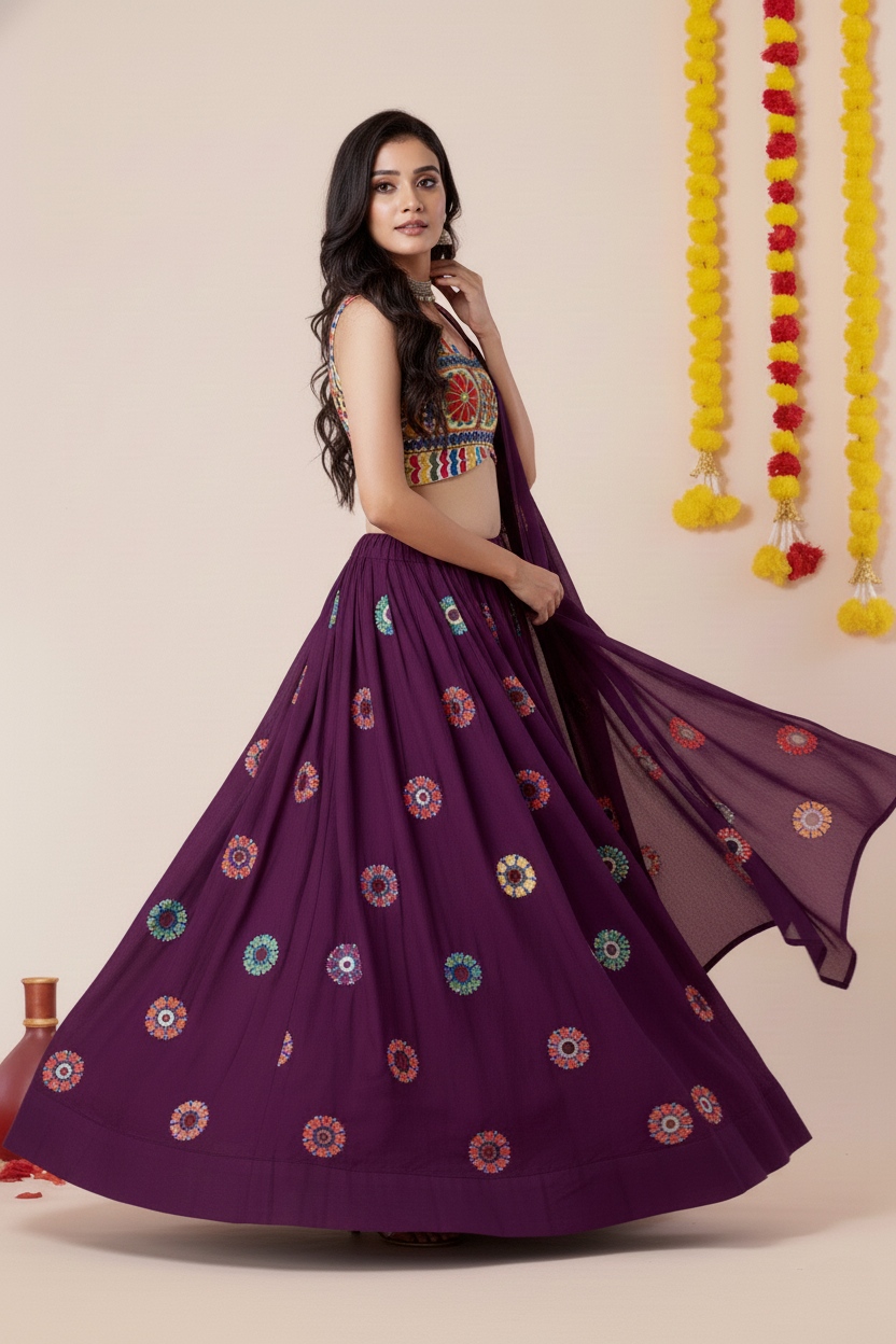 Purple Geometric Mirror Embroidery Rayon Umbrella Lehenga Choli — alternate view