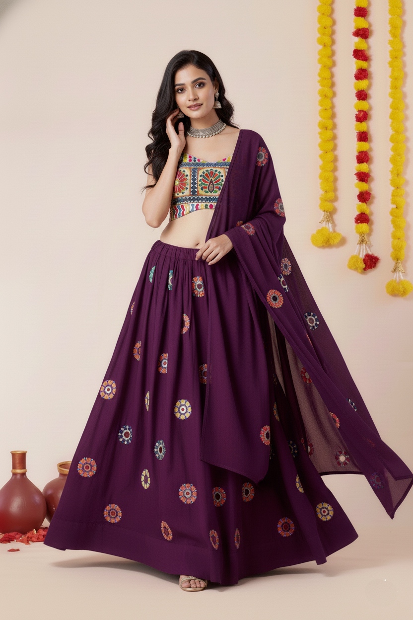 Purple Geometric Mirror Embroidery Rayon Umbrella Lehenga Choli