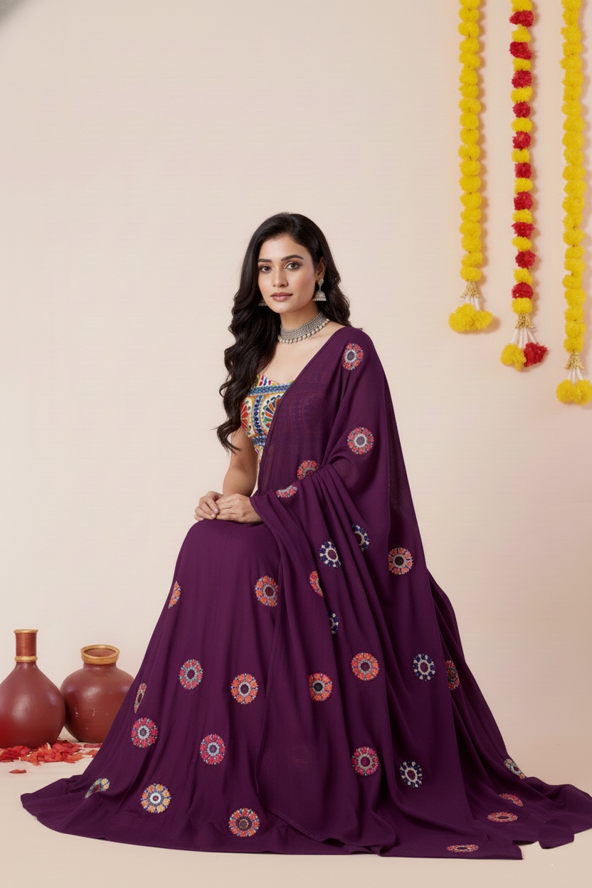 Purple Geometric Mirror Embroidery Rayon Umbrella Lehenga Choli