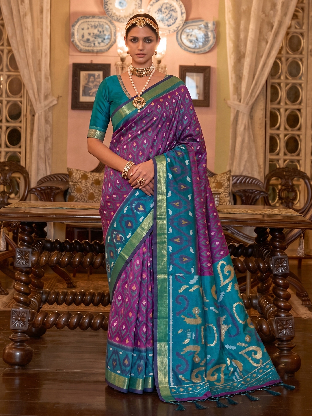 Purple Geometric Printed Work Soft Silk Saree