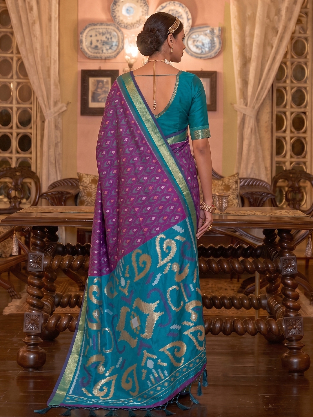 Purple Geometric Printed Work Soft Silk Saree — alternate view