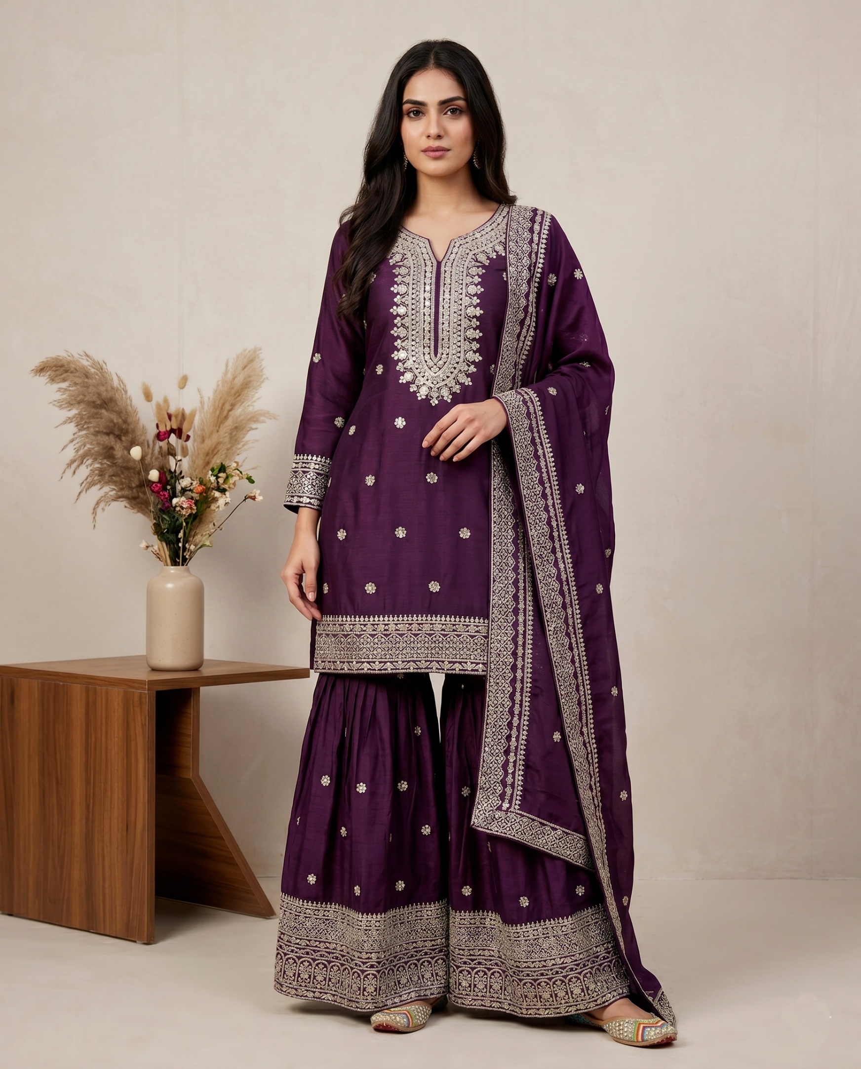 Purple Geometric Pure Heavy Chinnon Silk Sharara Suit
