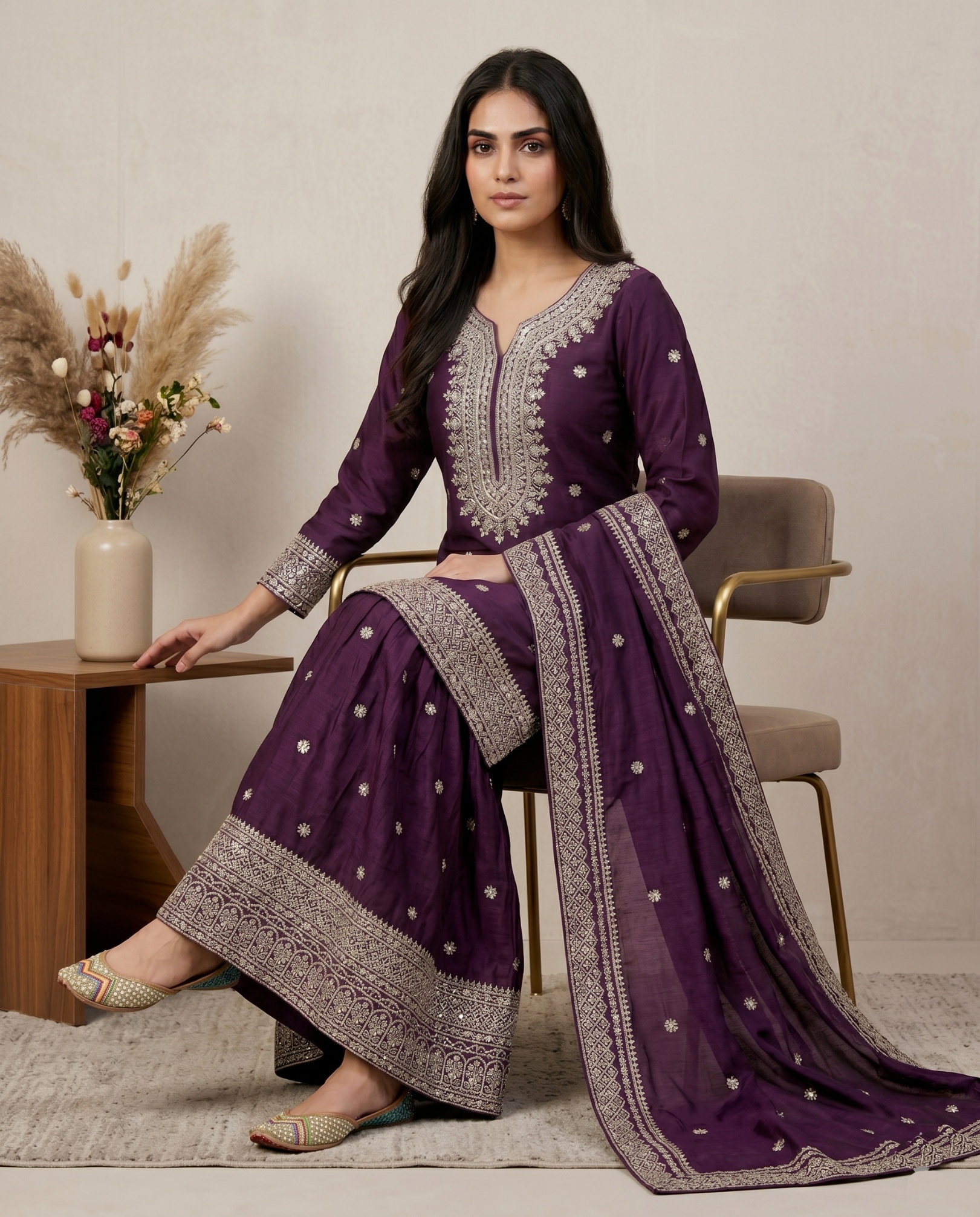 Purple Geometric Pure Heavy Chinnon Silk Sharara Suit — alternate view