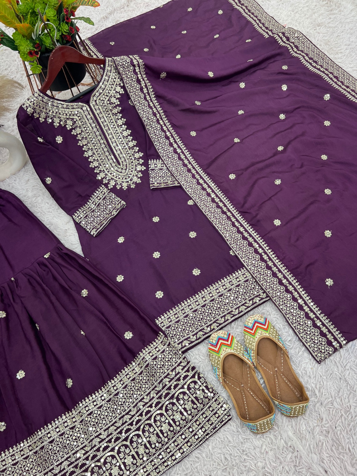 Purple Geometric Pure Heavy Chinnon Silk Sharara Suit