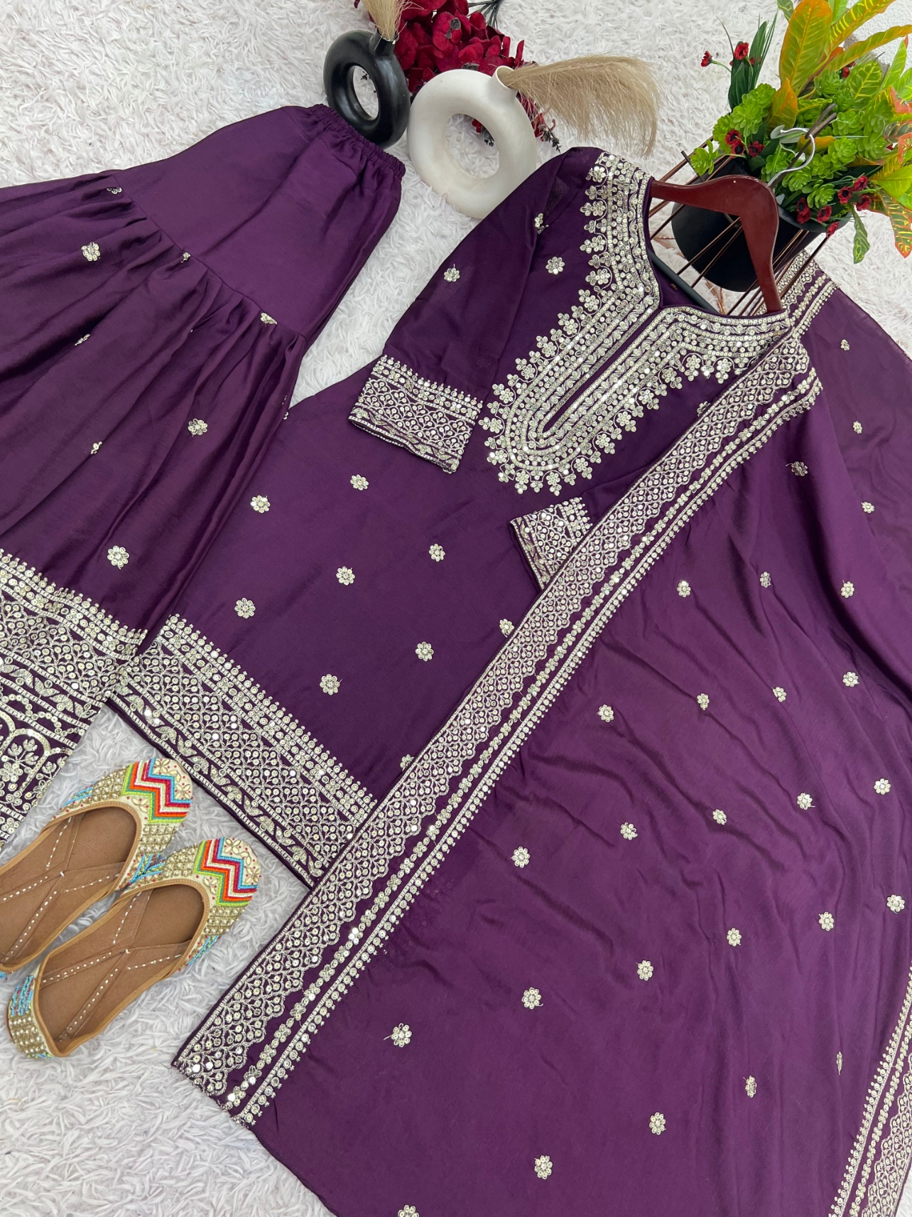 Purple Geometric Pure Heavy Chinnon Silk Sharara Suit