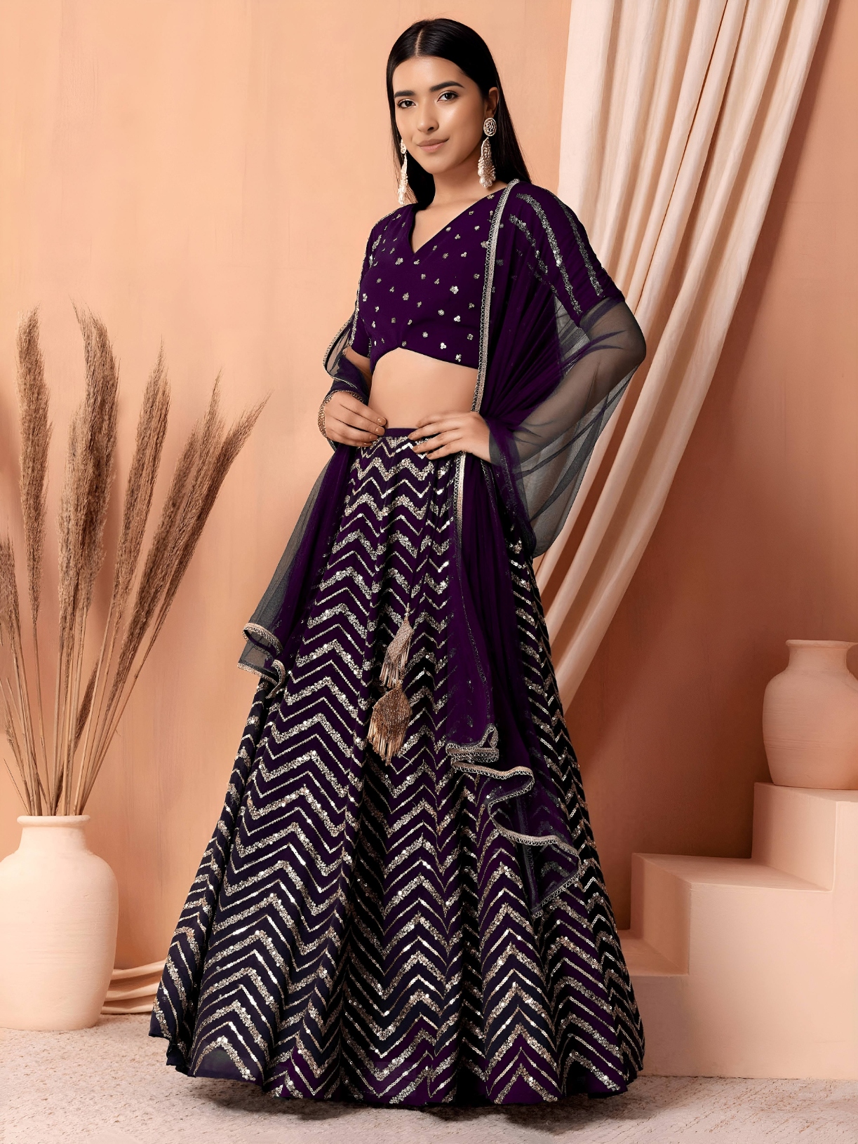 Purple Geometric Sequins Zari Georgette Lehenga Choli