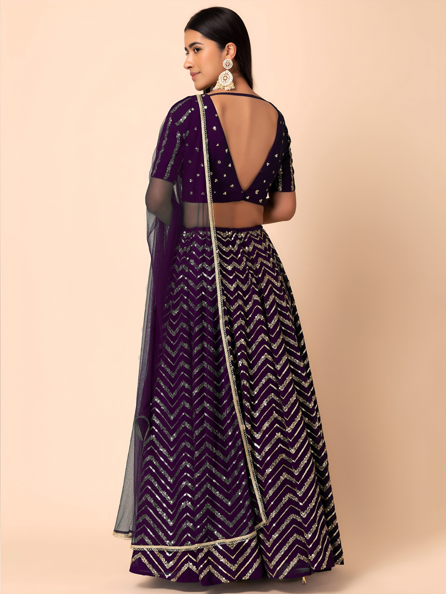 Purple Geometric Sequins Zari Georgette Lehenga Choli — alternate view