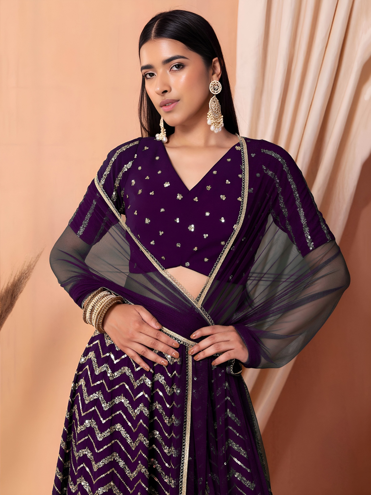 Purple Geometric Sequins Zari Georgette Lehenga Choli