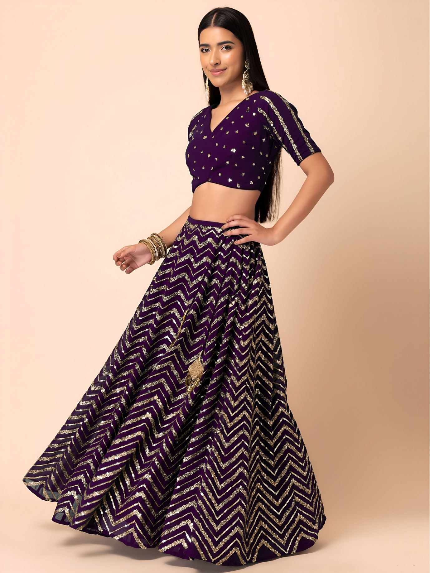 Purple Geometric Sequins Zari Georgette Lehenga Choli