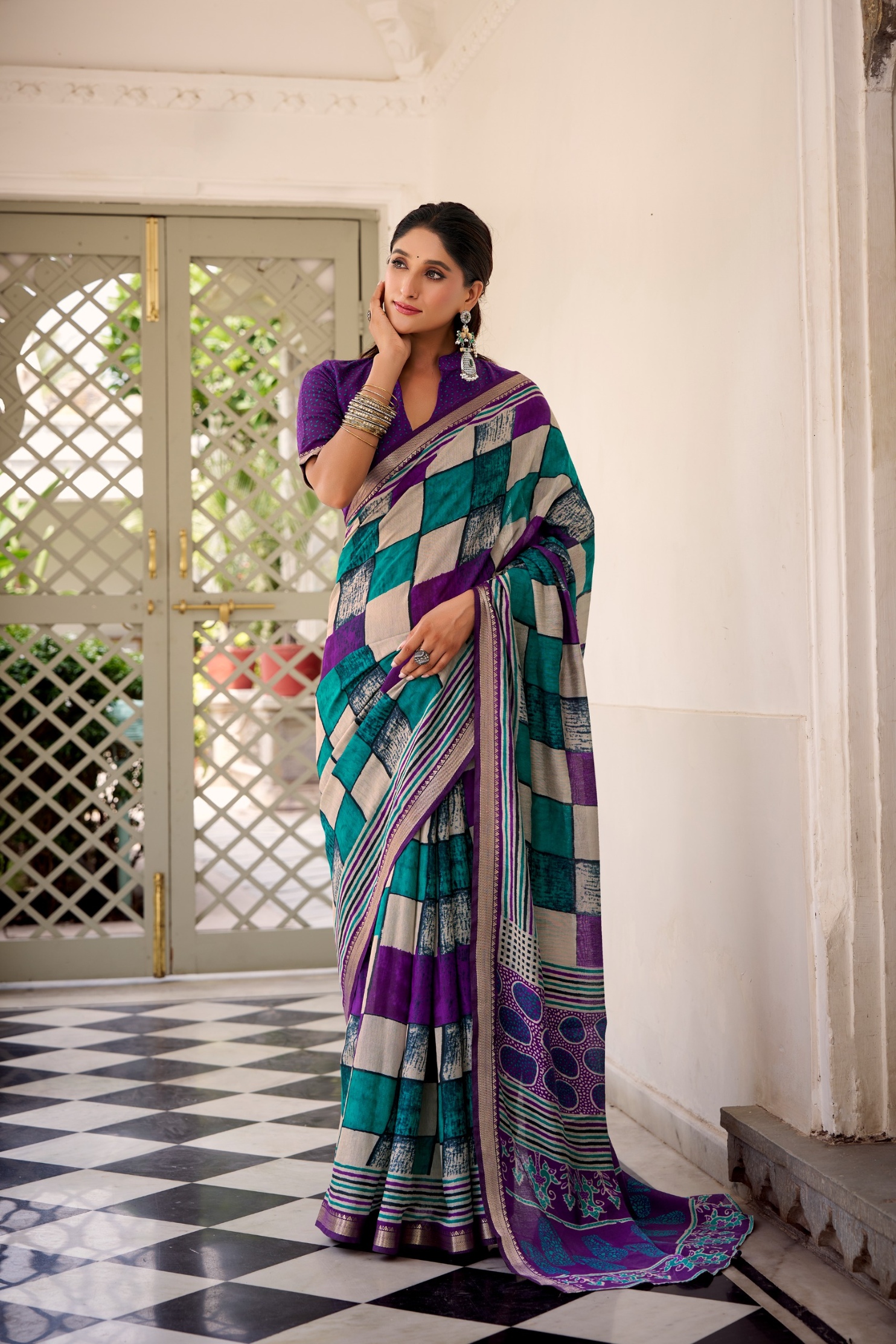 Purple Geometric Woven Chanderi Saree