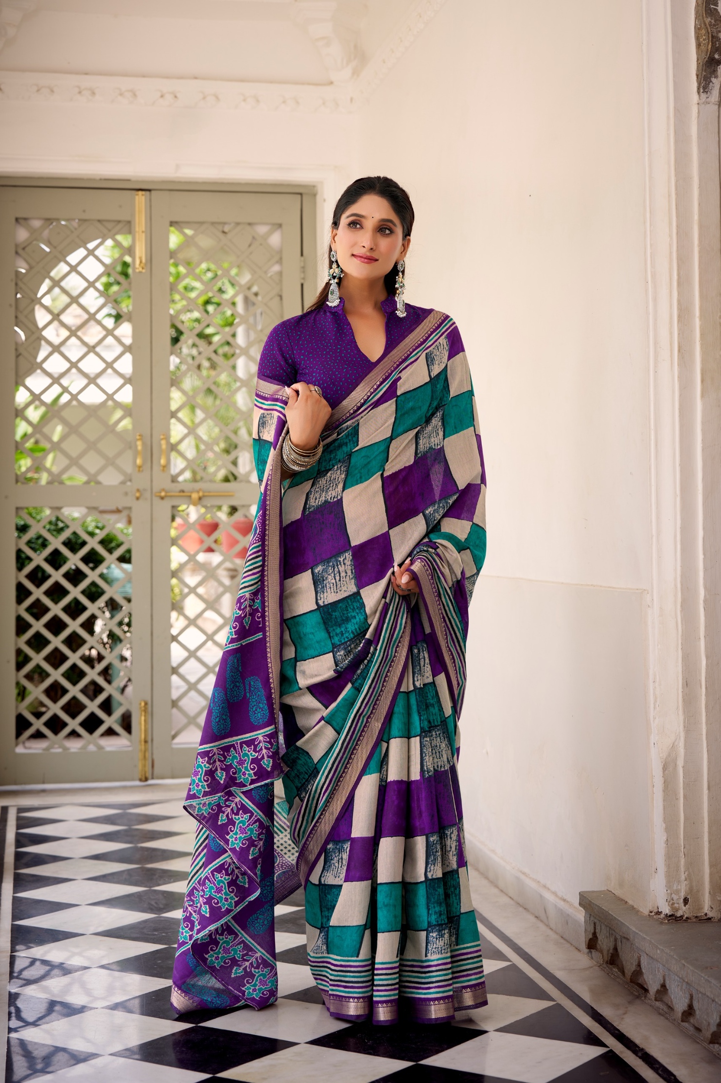 Purple Geometric Woven Chanderi Saree — alternate view