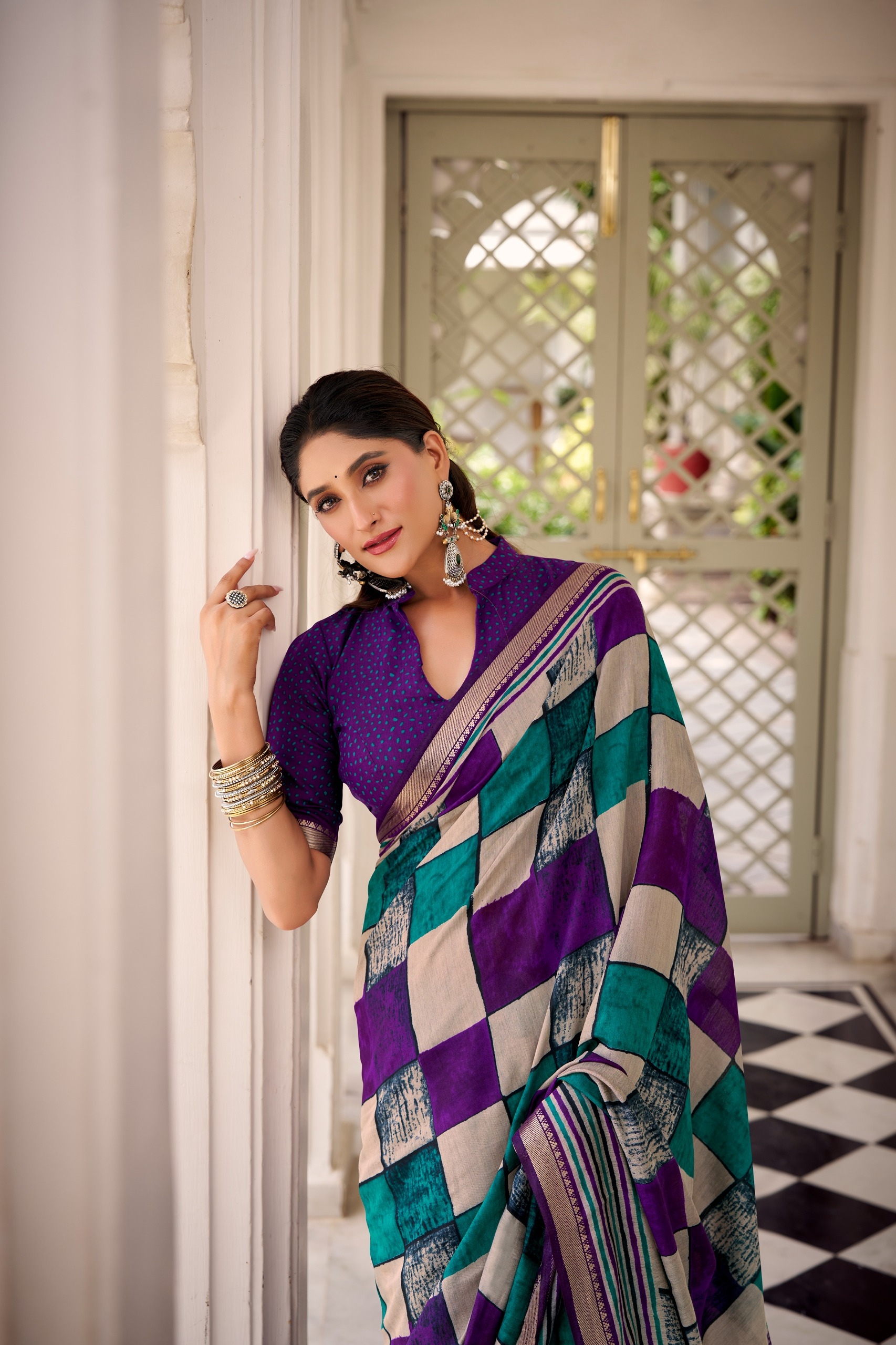 Purple Geometric Woven Chanderi Saree