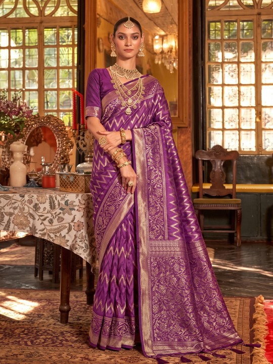 Purple Geometric Woven Designer Silk Saree