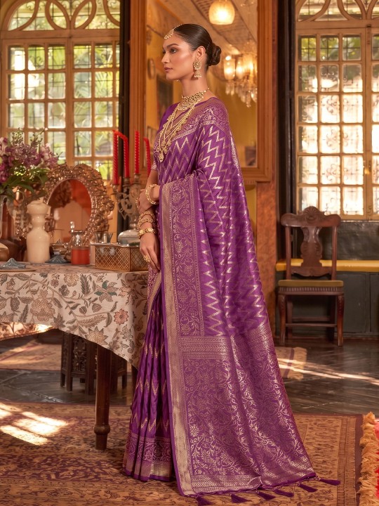 Purple Geometric Woven Designer Silk Saree