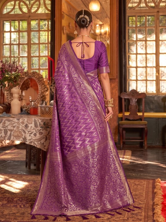 Purple Geometric Woven Designer Silk Saree