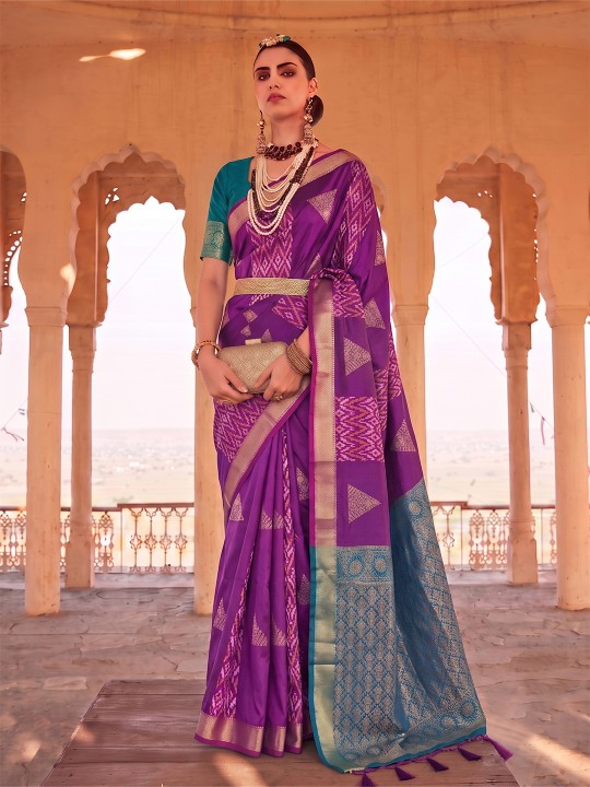 Purple Geometric Woven Designer Soft Silk Saree