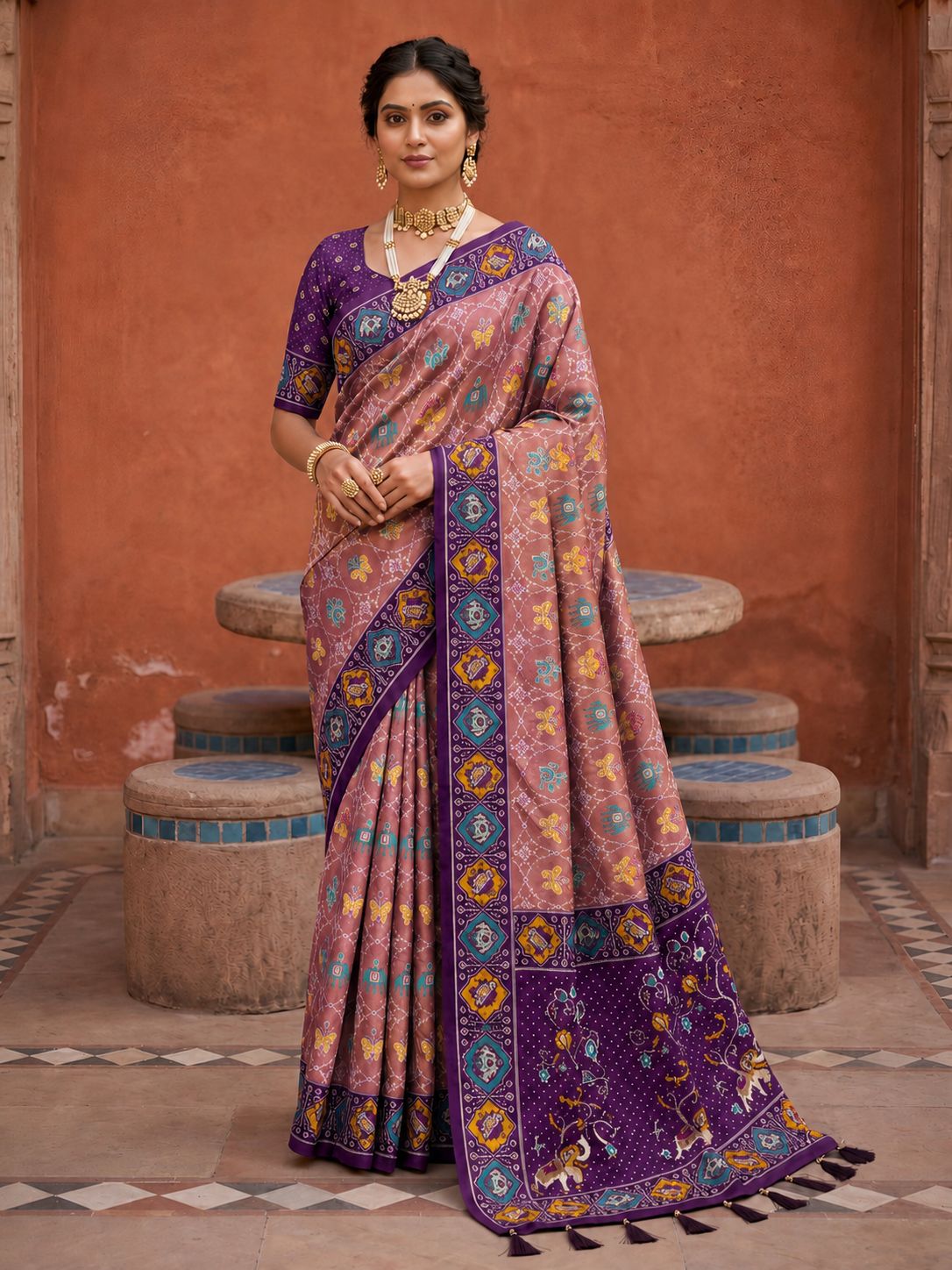 Purple Geometric Woven Meenakari Jacquard Patola Silk Saree