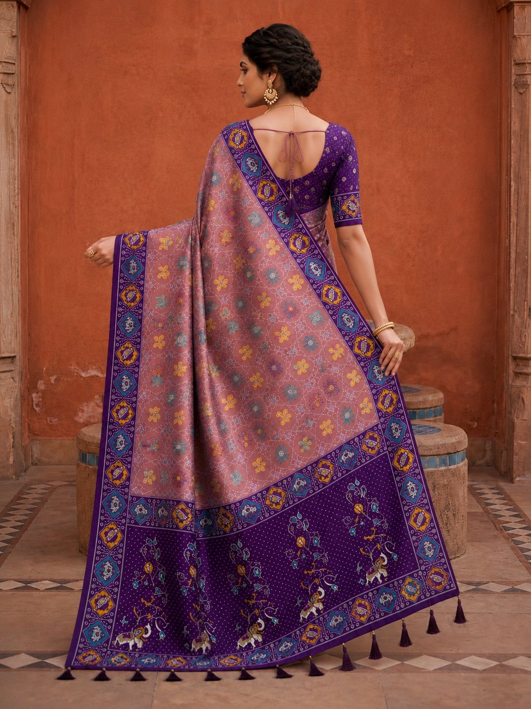 Purple Geometric Woven Meenakari Jacquard Patola Silk Saree — alternate view